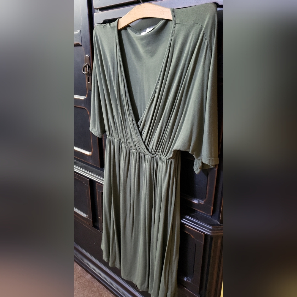 Olive V-Neck Maxi Dress with Gathered Waist